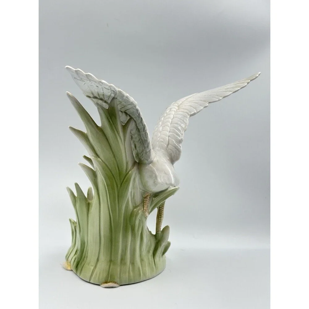 Vintage Fitz & Floyd Egret Heron Candleholder 1986 Porcelain Reeds & Cattails
